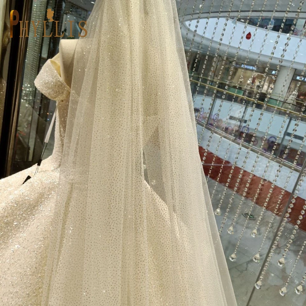 B58-L Sparkly Bling Bling Long Veils White Champagne Chapel Length Two Layer Bridal Veil with Comb Cover Face Wedding Veils