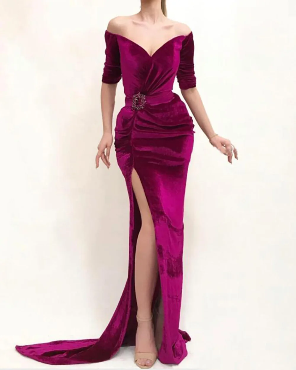 

Thigh-High Slits With Half Sleeve V-Neck Formal Girls Pageant Evening Dresses Satin Plus Size Custom New Prom Party Gown