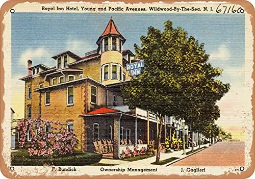 Metal Sign - New Jersey Postcard - Royal Inn Hotel, Young and Pacific Avenues, Wildwood-by-The-Sea, N. J. - Vintage Rusty Look