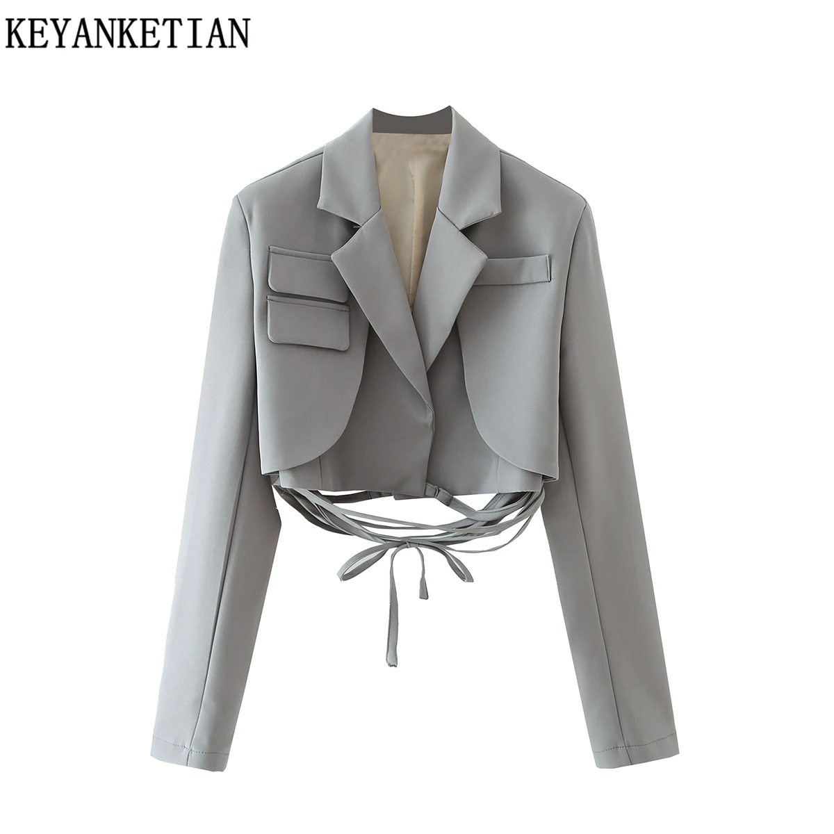 KEYANKETIAN Retro dark gray long-sleeved autumn blazer ladies chic vest women fashion ladies lace-up short blazer Mujer