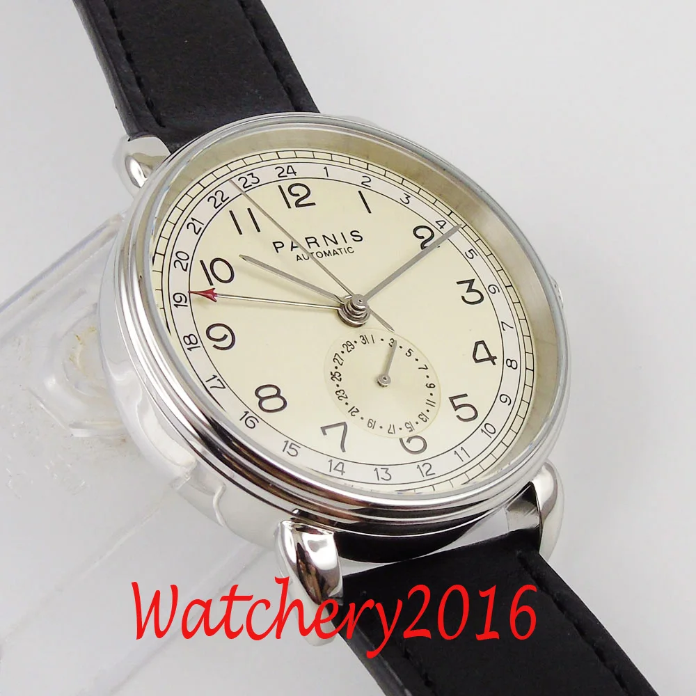 PARNIS 42mm GMT Silver Case Arab Mark Date Window Leather Strap Mens Top Leisure Automatic Mechanical Watch