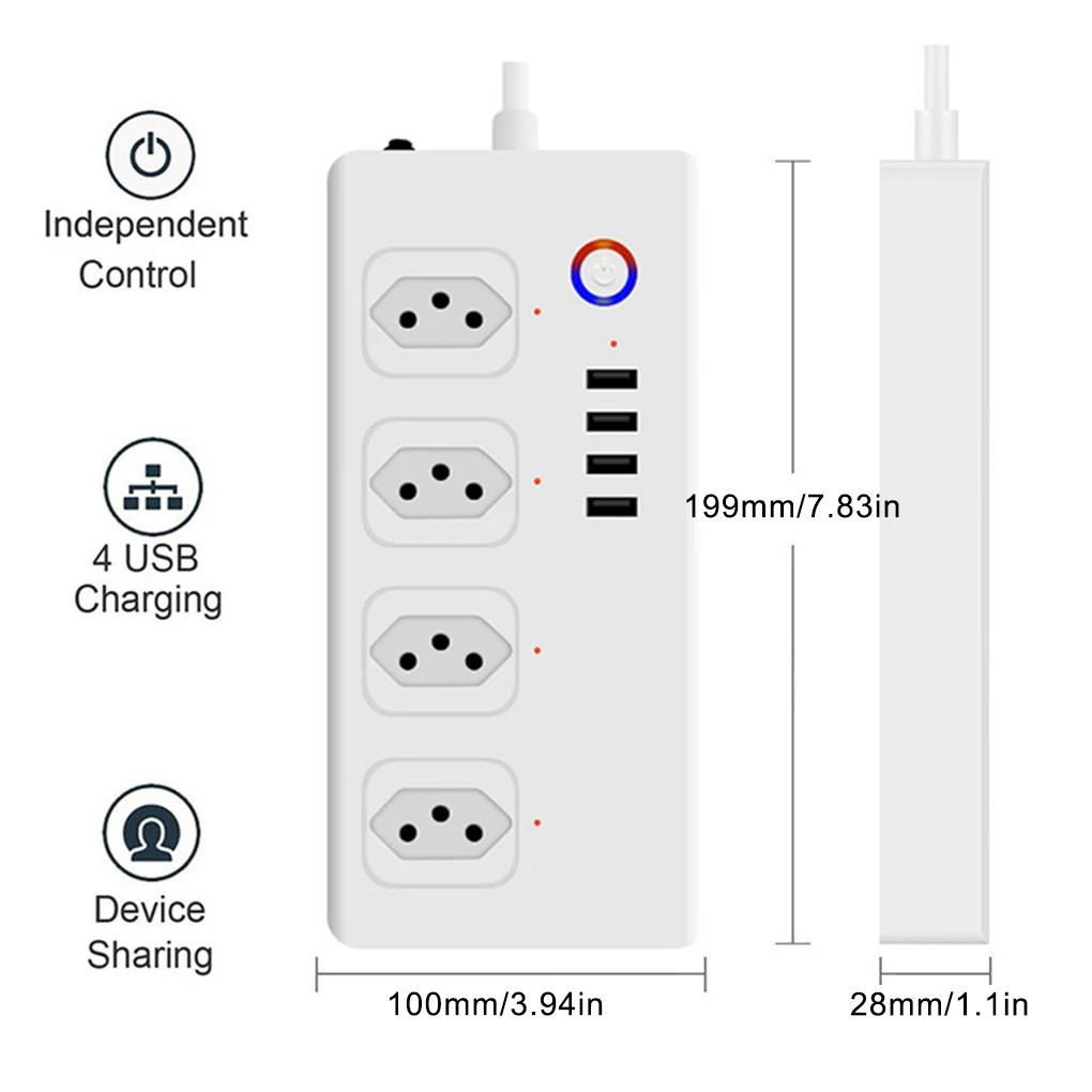 Power Strip with 4 Outlets 4 USB Ports Home Office WiFi Remote Control Power Strip Smart Wireless Outlet Brazil Plug