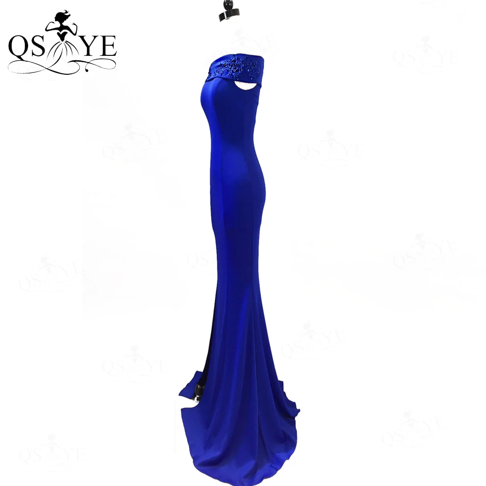 Vestido de noche de encaje con cuentas de sirena para mujer, Vestido de fiesta largo ajustado, Vestido de dama de honor, sin hombros, Azul Real