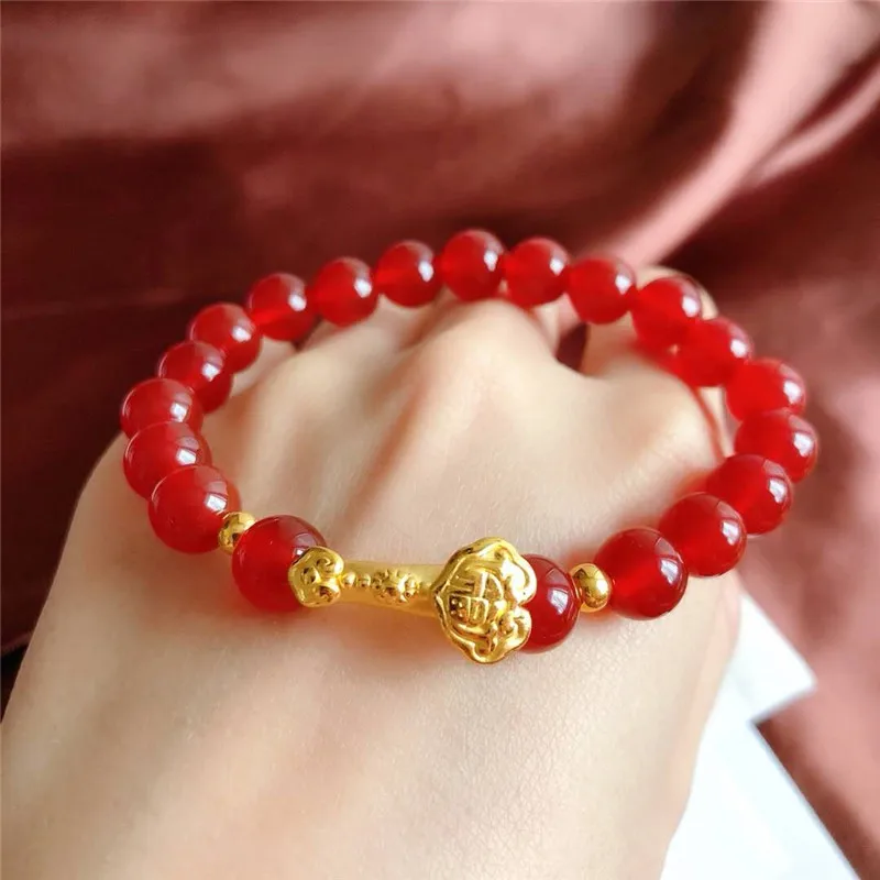 

Pure 24K Yellow Gold Jewelry Real 24K Yellow Gold For Women 3D Hard Gold Ruyi with 3mm Gold Bead 8mm Red Red Agate Bead Bracelet