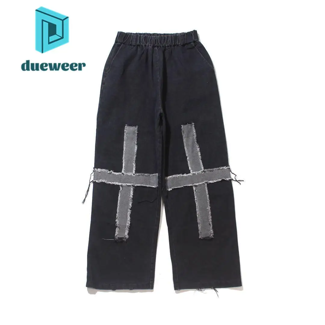 

DUEWEER Mens Jeans Spring Autumn Tassel Cross Baggy Wide Leg Straight Trousers Distressed Large Size Casual Hip Hop Denim Pants