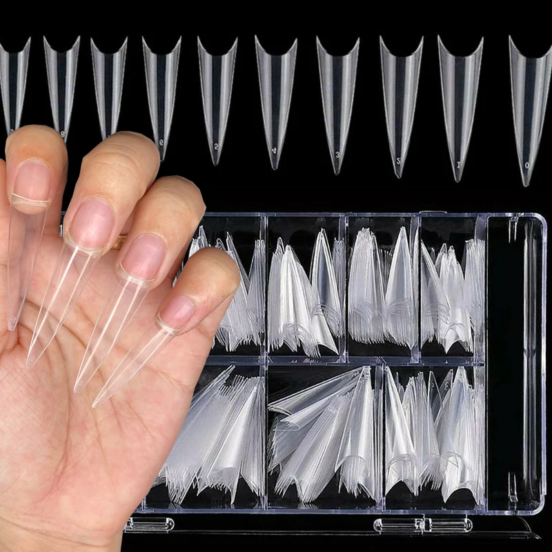 

500pcs False Nail Tips XL Stiletto Clear/Nature Seamless Half Cover Fake Nails Box,For Manicure SalonDIY For Nail Manicures td41