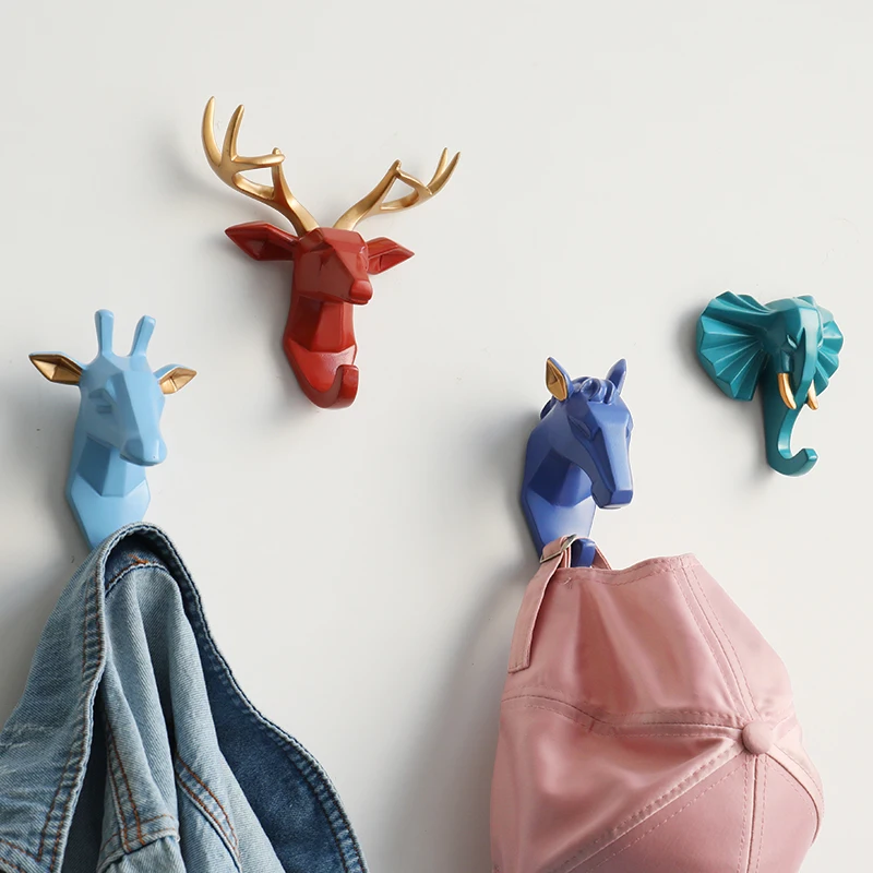 Resin Animals Head Sticker Hook Wall decorative clothes Hanger for Door Kitchen Bag Handbag Coat Hooks Key Holder Wall Decor