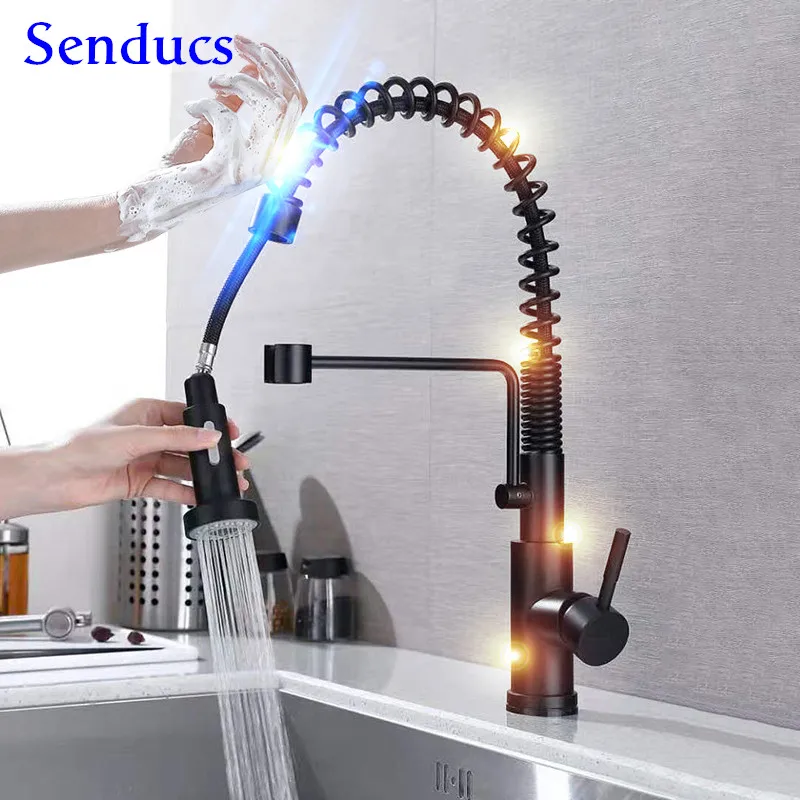 Spring Touch Kitchen Faucets Senducs Matte Black Pull Out Kitchen Mixer Tap Smart Sensor Touch Spring Kitchen Sink Mixer Faucets