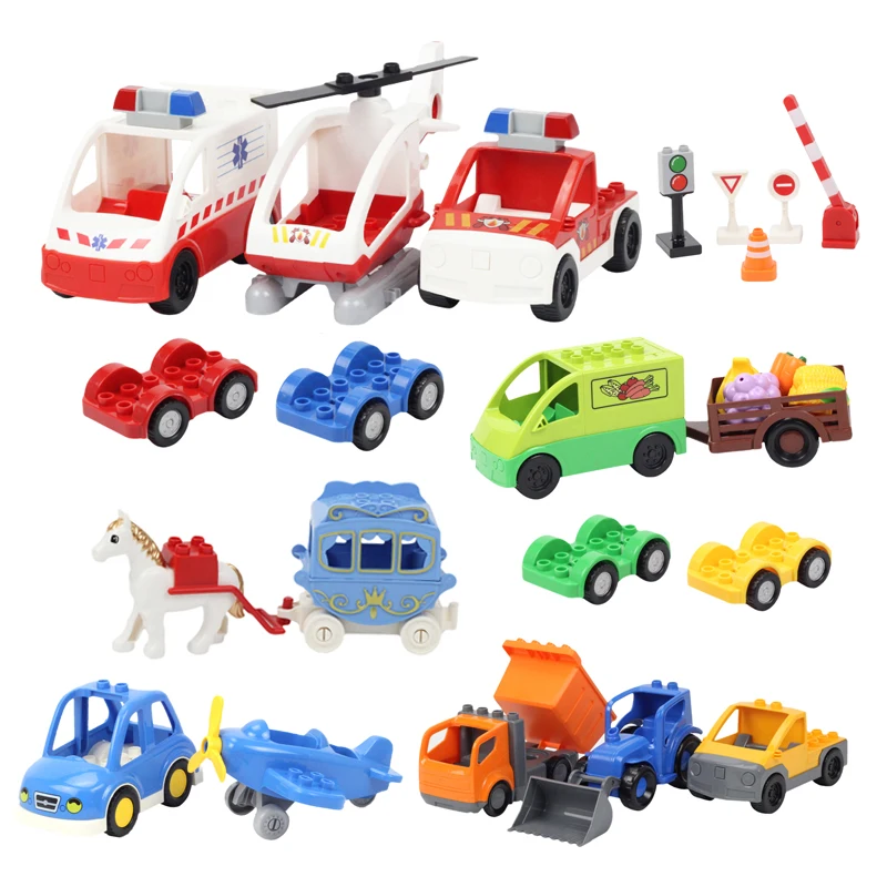 

Traffic Signs Transport Car Trailer Ambulance Police Big Building Blocks Assemble Parts Bricks Educational Toys Children Gifts