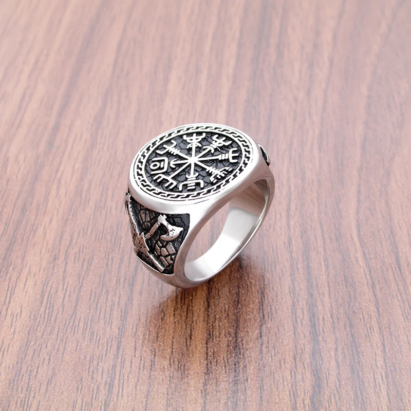 Free Shipping Vintage Viking Compass Helm of Awe Ring Stainless Steel Men's Nordic Ethnic Belief Mythology Rings For Gift