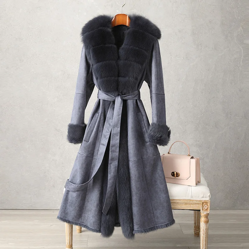 2021 New Whole Skin Rabbit Fur Coats One Piece Woman Fur Clothing Medium Long Overcoat Fox Fur Collar Strims Fur Outwear Warm