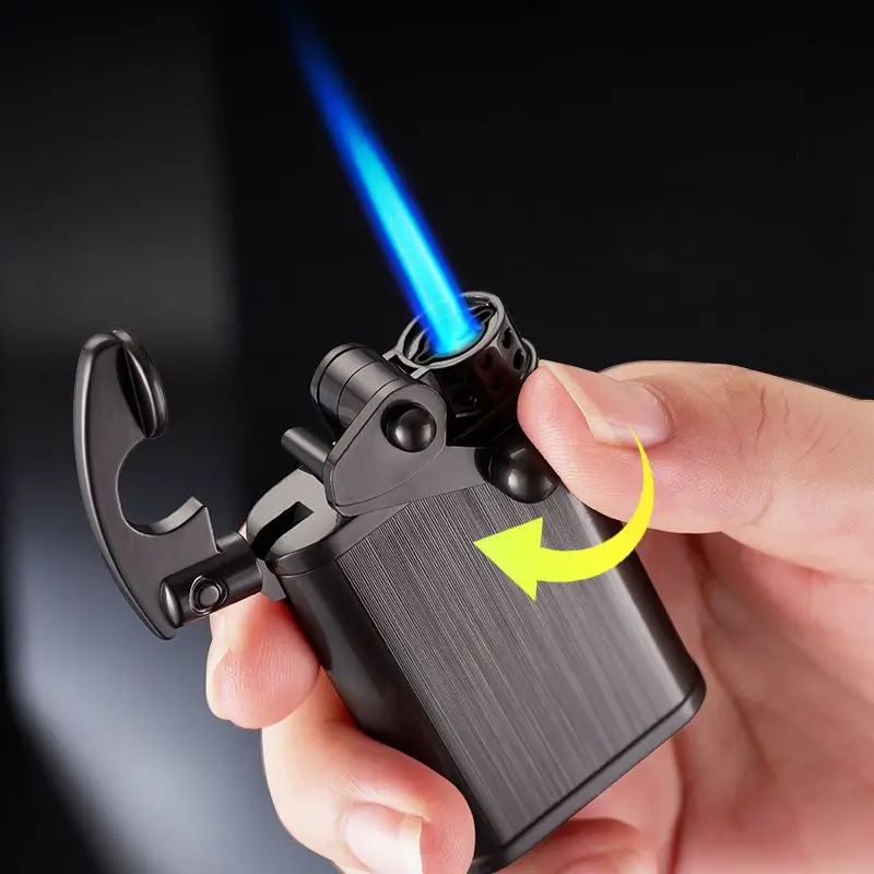 2022 Mới Đá Cánh Tay Đôi Ngọn Lửa Bật Lửa Gas Butane Chống Gió Mở Ngọn Lửa Kim Loại Turbo Bật Lửa Nam Hút Thuốc Tiện Ích Tặng