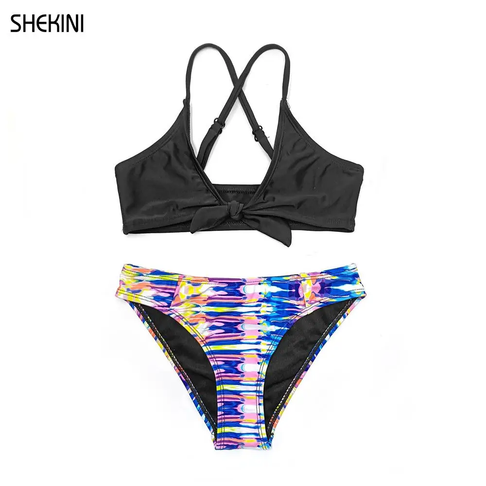 SHEKINI Girls Printing Bathing Suits Tie Knot Front Teenage Girls Bikini Set Back Crisscross Two Piece Swimsuits Teen Beachwear