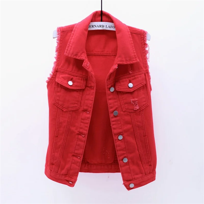 Autumn Women Plus size Denim Vest Sleeveless Waistcoat Students Casual Tops Jeans Jackets Red Pink Purple Yellow Blue White