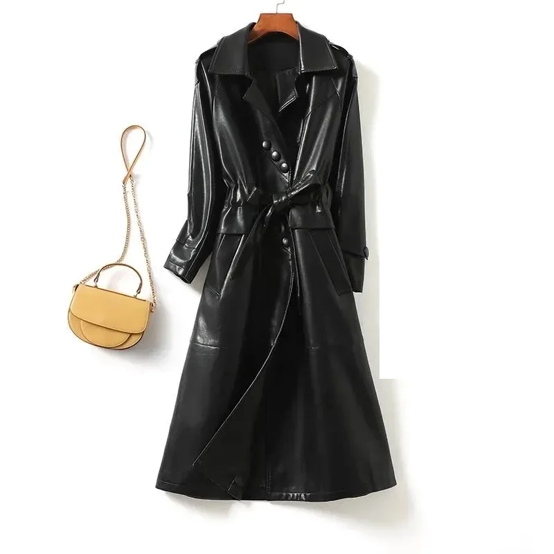 

New autumn winter high-end leather jacket women coat slim long leather Overcoat solid color fashion PU suede jacket