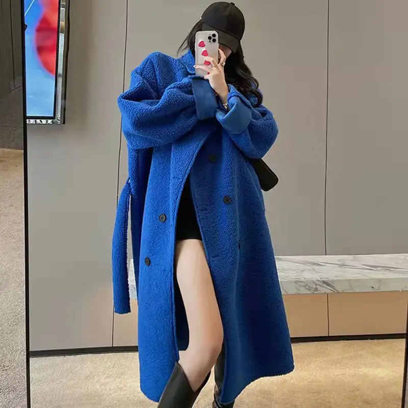 2021 Winter Women Wool Fur Coats Lady Elegant Double Breasted Warm Shearling Coats Female Korean Faux Lamb Fur Outwears