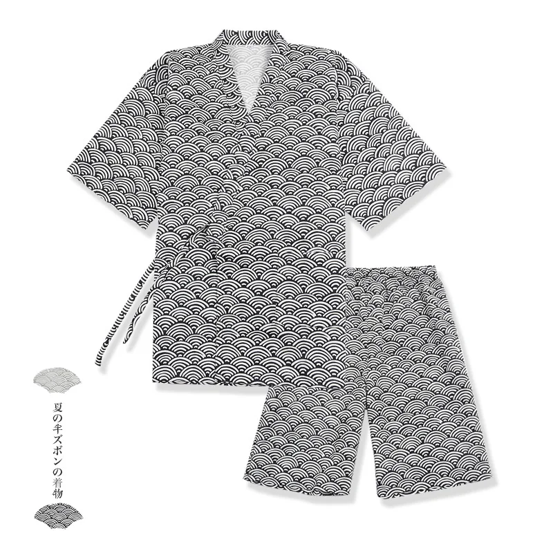 

Japanese Traditional Style Pajamas Shorts Set Men's Sleep & Lounge Kimono Yukata Bathrobe Nightgown Leisure Sweat Steam Wear