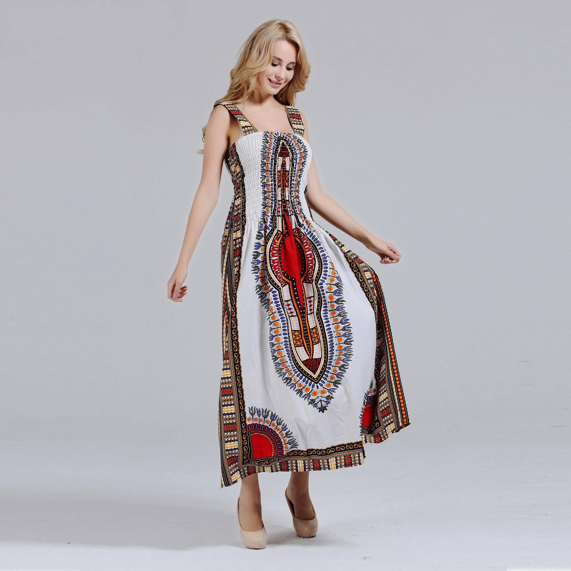 

2019 African Beauty Lady Dashiki Dress Traditional Pattern Print Dresses African Sundress Strapless Tribal Spaghetti