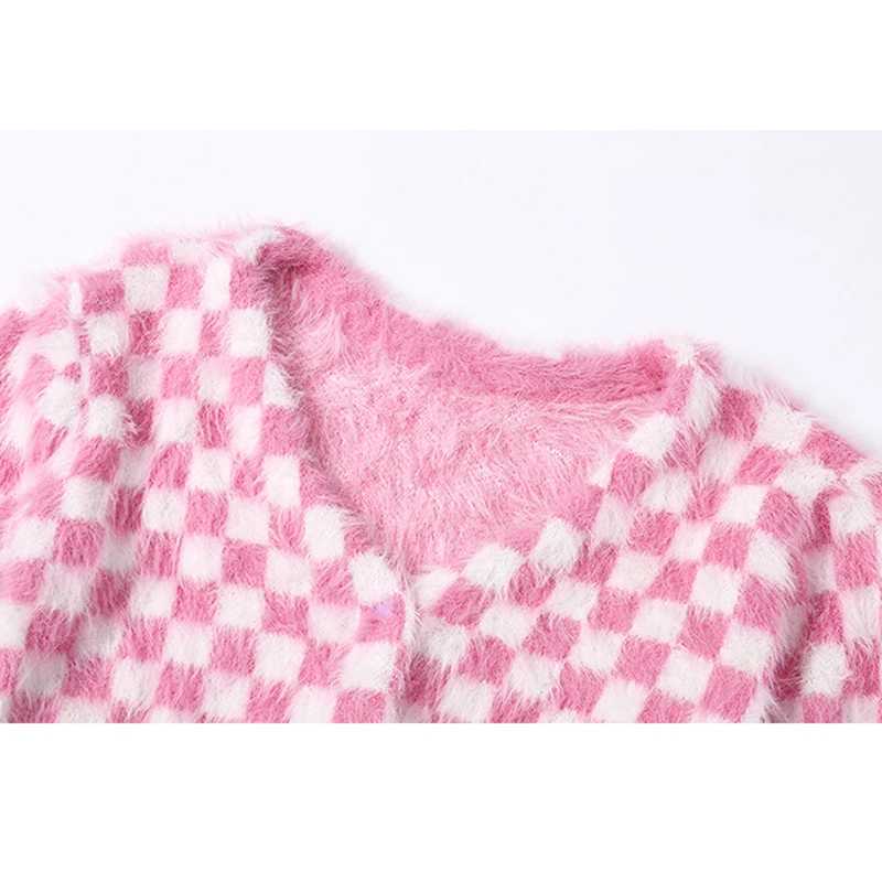 Pink and White Check Cardigan Sweater Women Fuzzy Mohair Crop Knit Long Sleeve Heart-Shape Button Soft Girl Aesthetic Outfit /