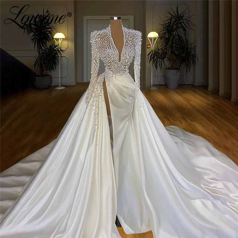 Luxury Heavy Beaded Pearls Wedding Dresses Mermaid Illusion Bridal Gowns 2020 With Long Train Muslim Dubai Wedding Gown Couture