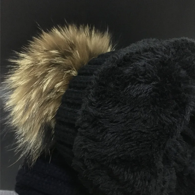 2021 Raccoon Fur Pompom Hat Female caps Women\'s hats Add velvet Fleece Inside Beanies Winter Hats for women men children