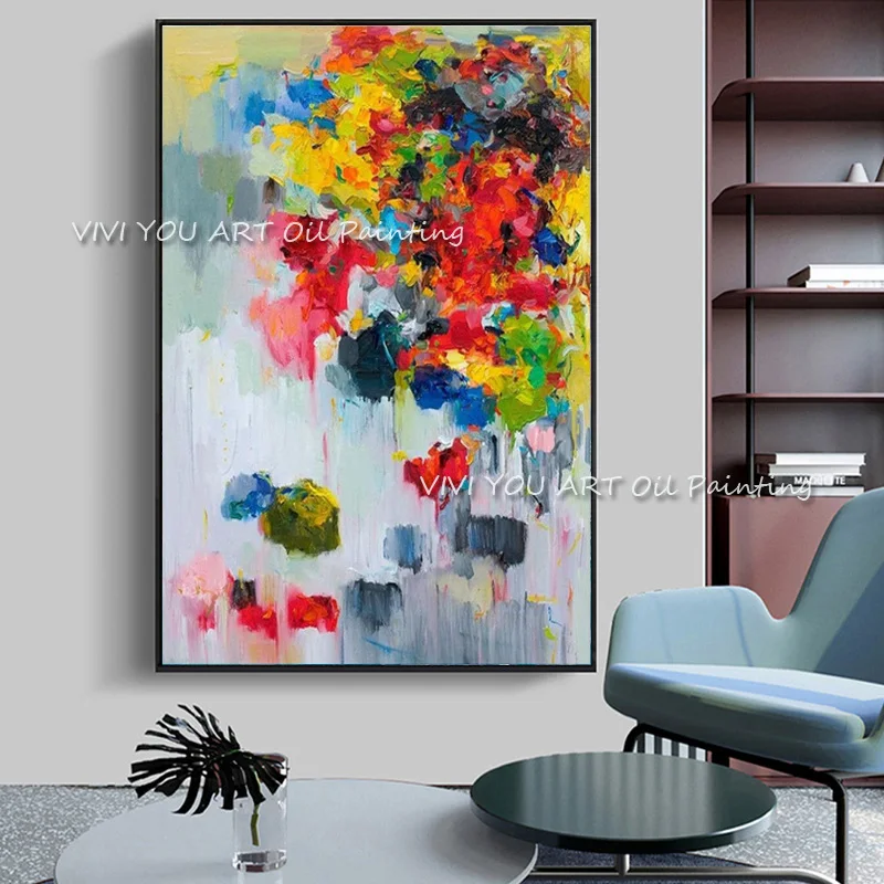 Handmade Abstract Floral Oil Painting Thick Texture Palette Knife Canvas Wall Art Colorful Impressionist Decor For Living Room