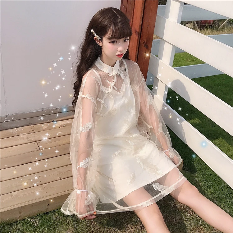 Chinesischen stil verbessert süße lolita set schlupf kleid + smock Rüschen manschette frosch viktorianischen kleid kawaii mädchen gothic lolita set loli cos