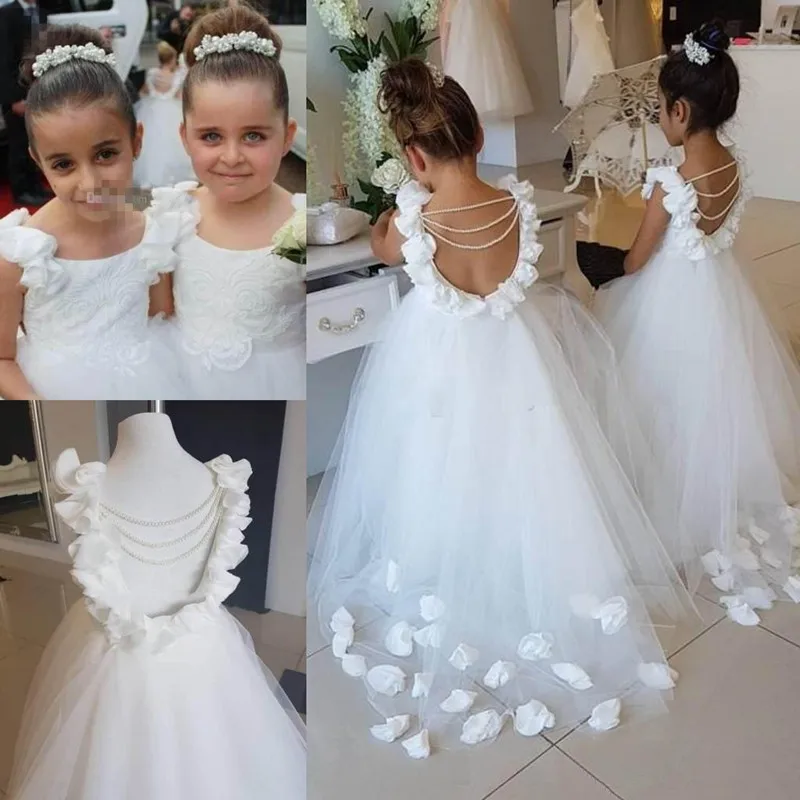 Immagine reale Bella Abiti Fiore Per Le Ragazze Per La Cerimonia Nuziale Con Scollo A V Tulle di Lunghezza Del Pavimento Backless Abito di Sfera Junior Abito Da Damigella D'onore Per Le Ragazze