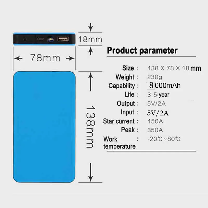 Dispositivo d\'avviamento portatile di salto dell\'automobile 8000mAh 12V banca di potere ponticello automatico motore batteria Booster Auto