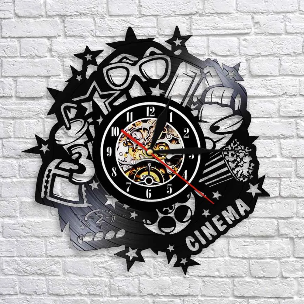 Cinema Sign Vinyl Record Wall Clock Movie Theater Now Showing Silent Quartz Watch Pop Corn Drinks 3D Glass Modern Decor