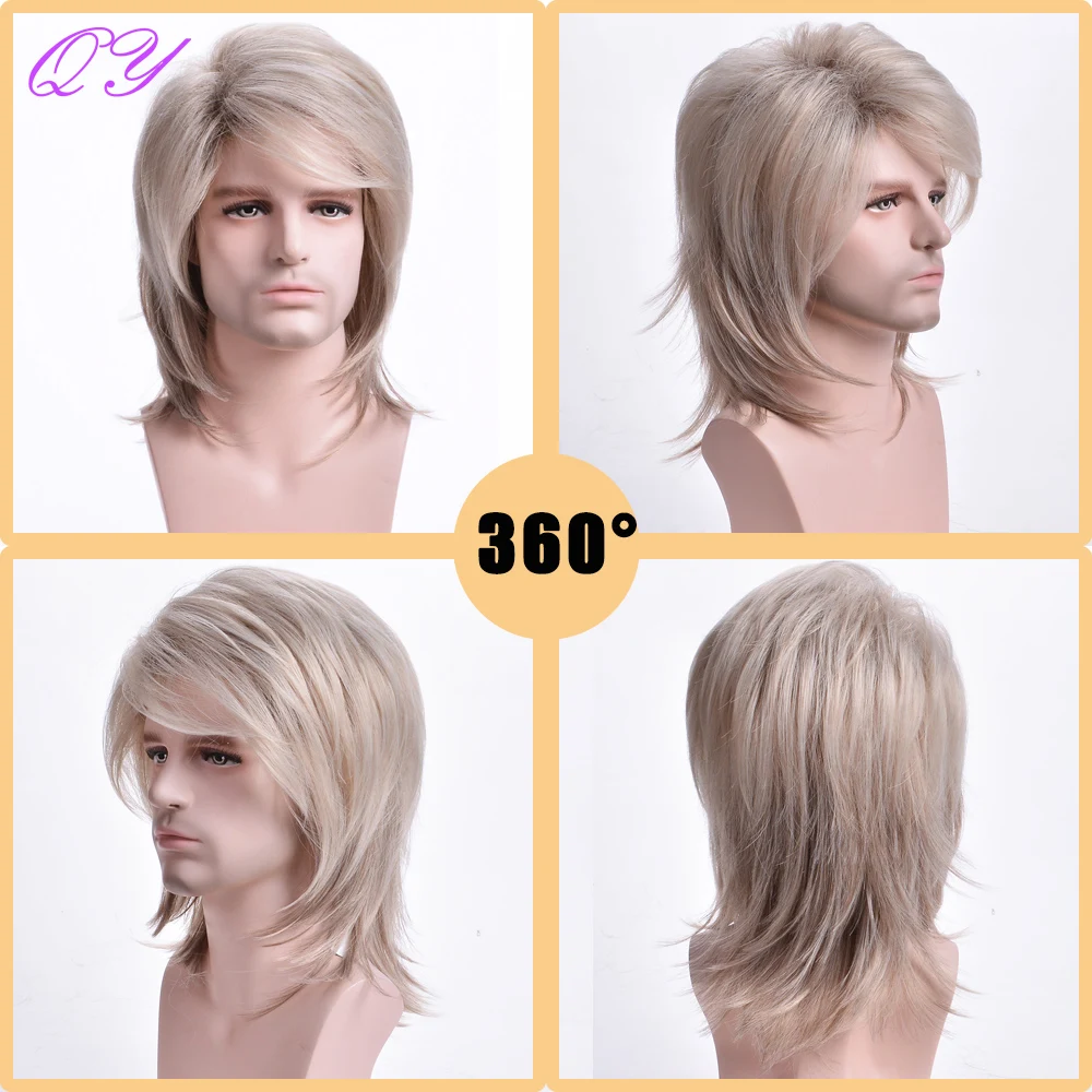 Synthetic Wigs For Men Party Male Wavy Short Blonde Man Hair Middle Part Medium Length Natural Wave Curl Adjustable Size Men