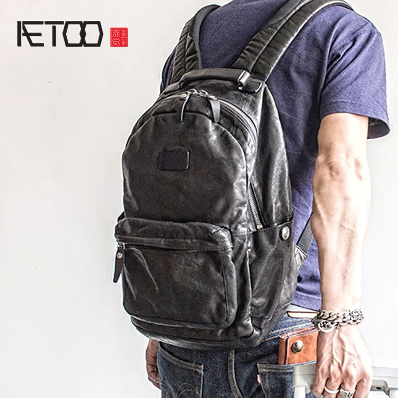 AETOO first layer cowhide leather Fashion Street trend leather shoulder  cowhide male backpack large computer bag