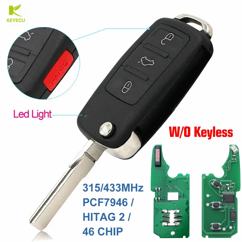 KEYECU 3 + 1 przycisk zdalny klucz składany Fob bez keyless 315 / 434MHz z chipem ID46 dla Volkswagen Touareg 2004-2011 3D0959753AK