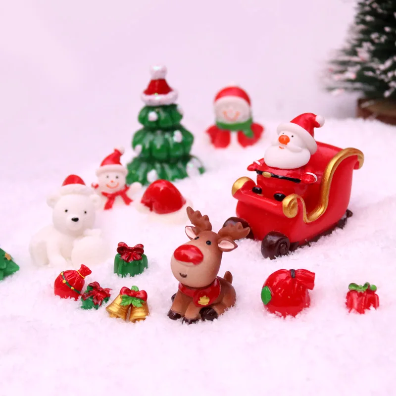 Small Christmas Tree Miniature Figurines Artificial Santa Claus New Year 2022 Snowman Figures Terrarium Crafts Desktop Car Decor