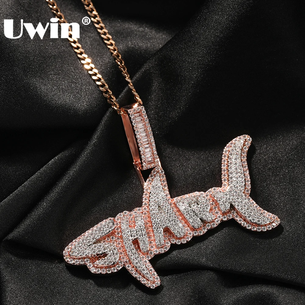 UWIN SHARK Pendant Necklace for Women Men Iced Out Bling Cubic Zirconia Charms Rose Gold Silver Color Fashion Hip Hop Jewelry