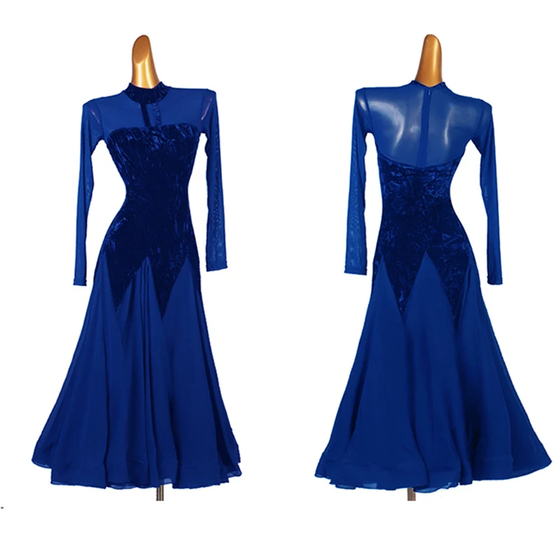 Vestidos de salón de terciopelo azul para mujer, vestido Sexy de mangas largas para baile de Vals, gran Swing, trajes de baile de competición de salón