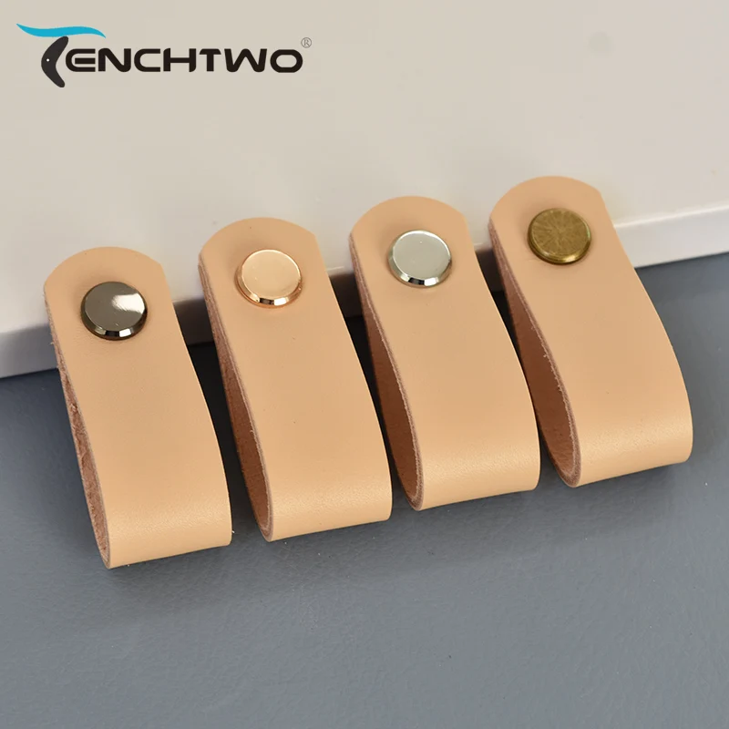 TENCHTW Cowhide Leather Cabinet Handles Furniture Dresser Wardrobe Kitchen Knobs Drawer Door Pulls Genuine Leather Black Vintage