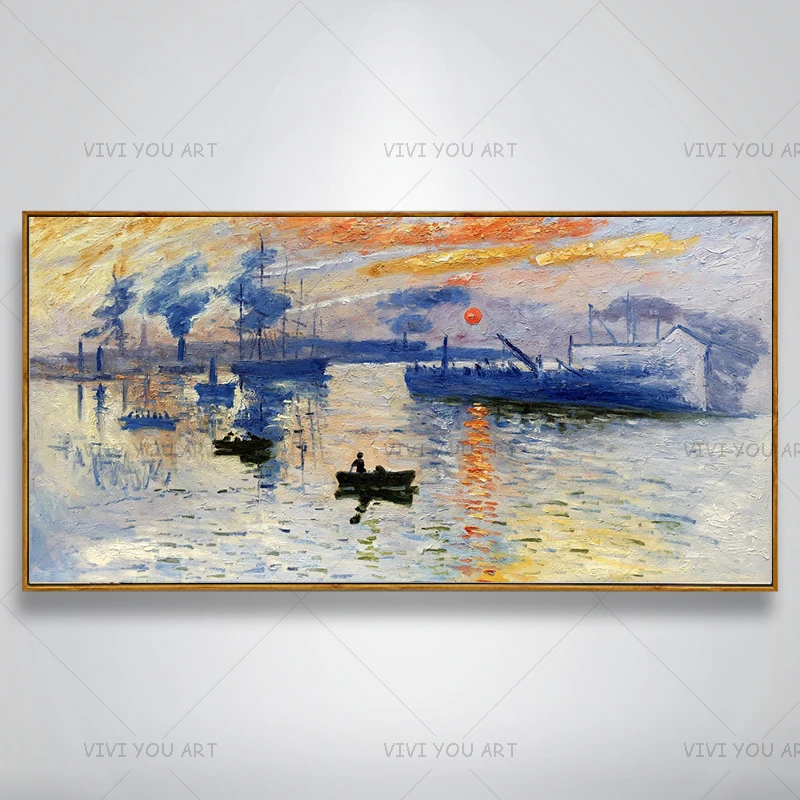 Handmade Oil painting Sea at sunset Returning fishing boat Art Picture Decor Home Decoration For Living room Office Frameless