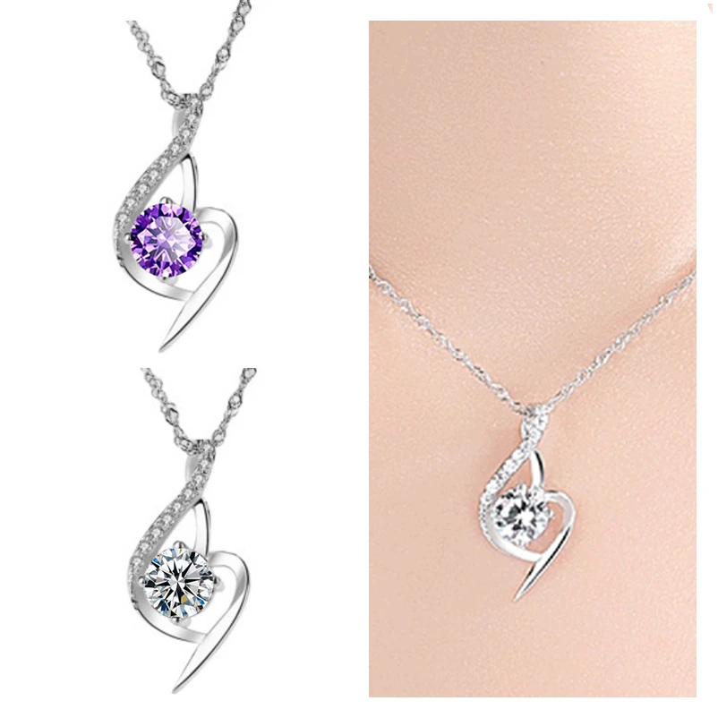 Fashion Crystal Purple Heart Pendant Women Choker Necklaces Jewelry Female Trendy Silver 925 Lady Clavicle Necklaces Female Gift