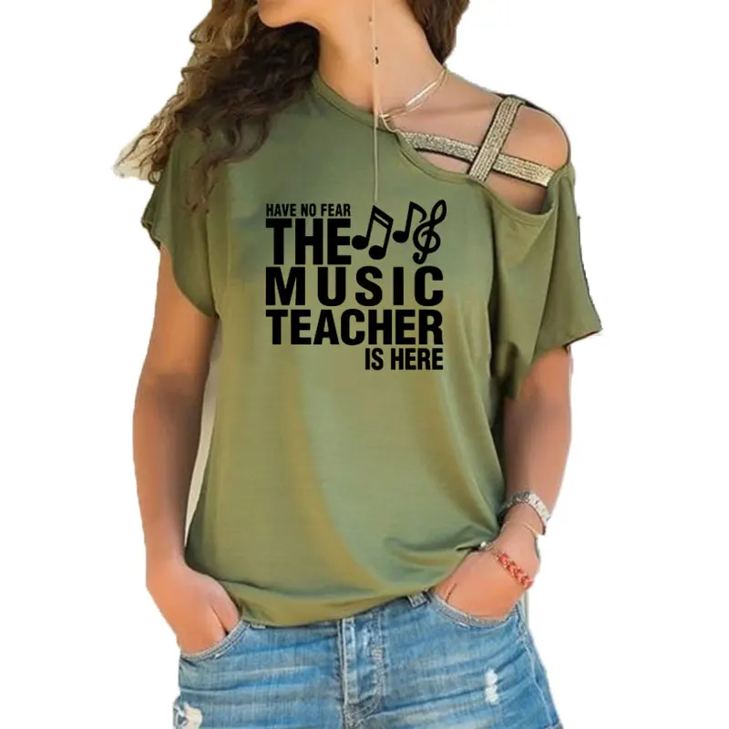 Have No Fear The Music Teacher Is Here T Shirt T-shirt Women Clothing Casual Short sleeve Irregular Skew Cross Bandage Tops Tees