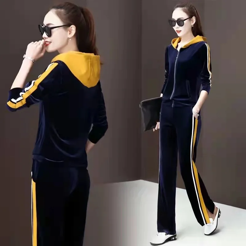 

Gold Velvet Fashion Sports Suit Women Spring And Autumn 2023 New Loose Casual Two-piece Ladies Jacket