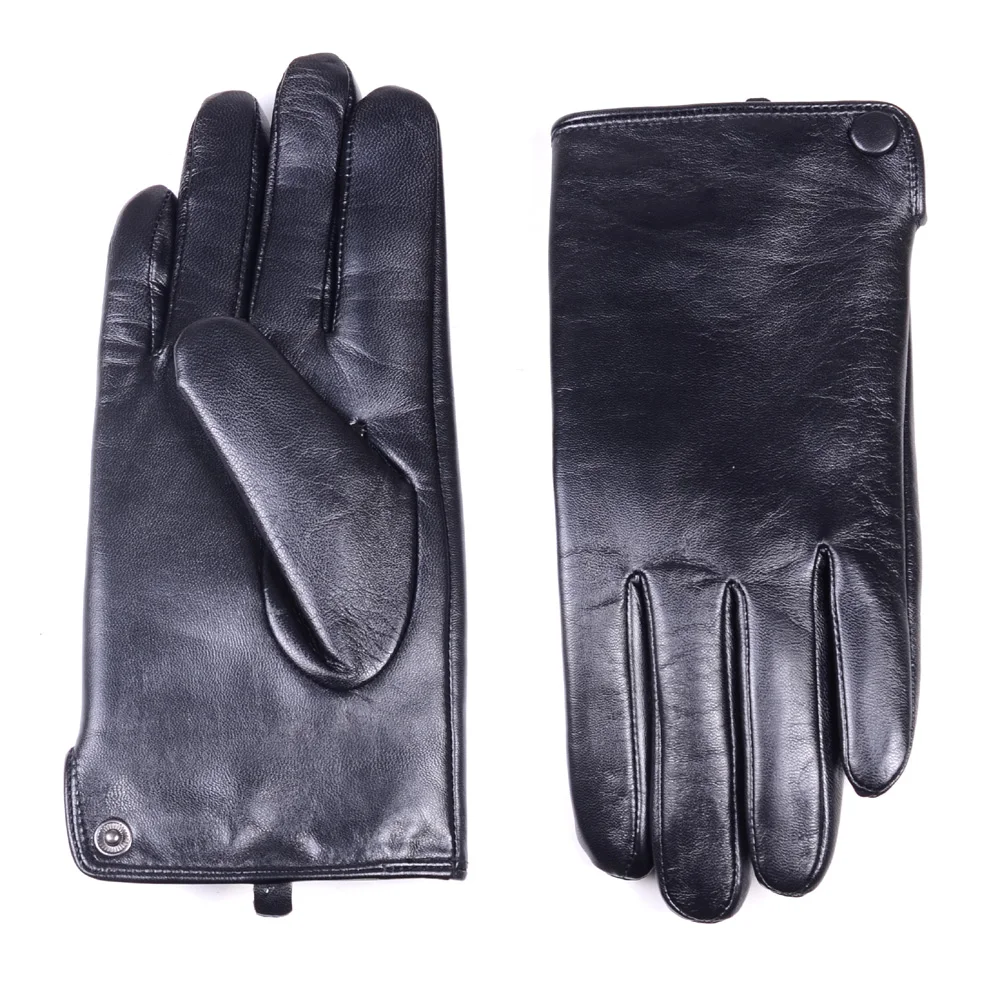 Men\'s Winter Warm Real Leather Classical Wrist Button Snap-fastener Black Touch Screen Casual Driving Short Gloves