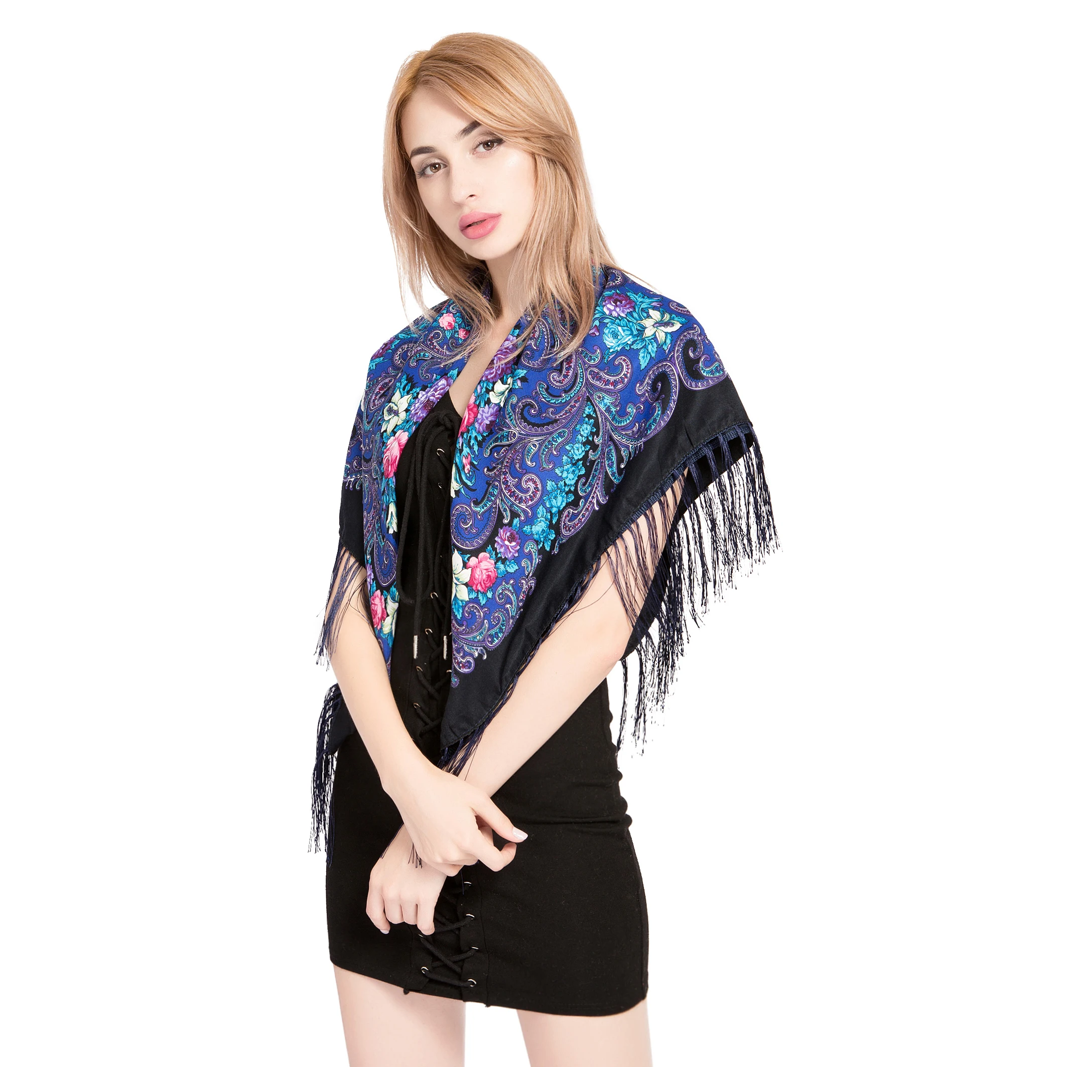 Russia Square Scarf for Women Autumn Winter Shawl Retro Floral Printing Handmade Tassel Flower Blanket Shawl Handkerchief 90cm