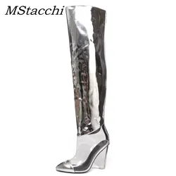 MStacchi Women Winter Transparent Over The Knee Boots Woman Pointed Toe 12CM Crystal High Heel Pump Fashion Silver Ladies Boots