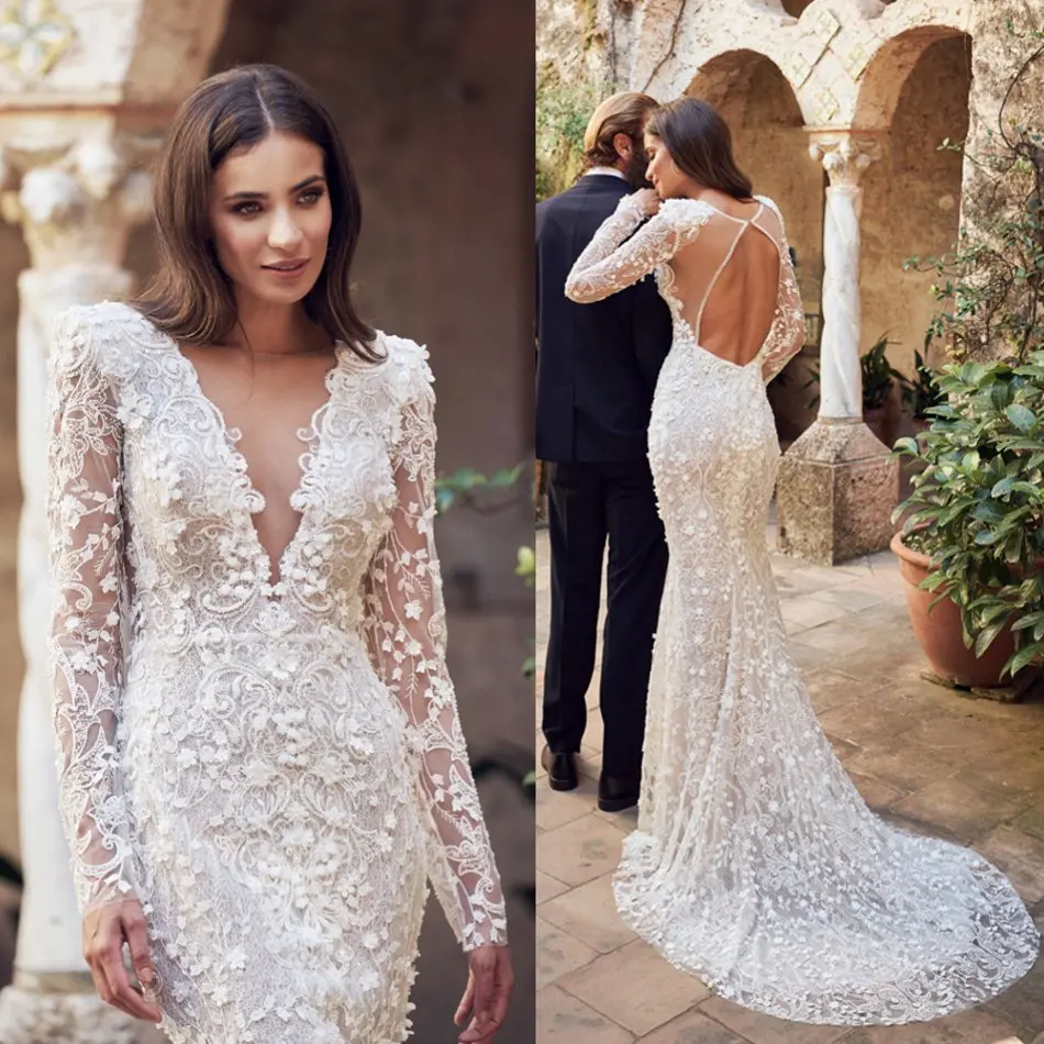 Vestidos De Novia bohemios De encaje, Vestidos De Novia en V profundo De manga larga con escote, apliques De tren De barrido, sin espalda, 2020