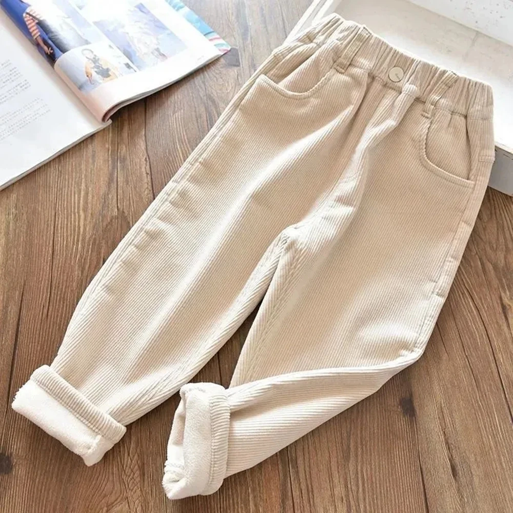 4-14 Years Kids Winter Corduroy Fleece Pants For Girls Solid Casual Sweatpants Soft Warm Children\'s Clothing Thick Trousers