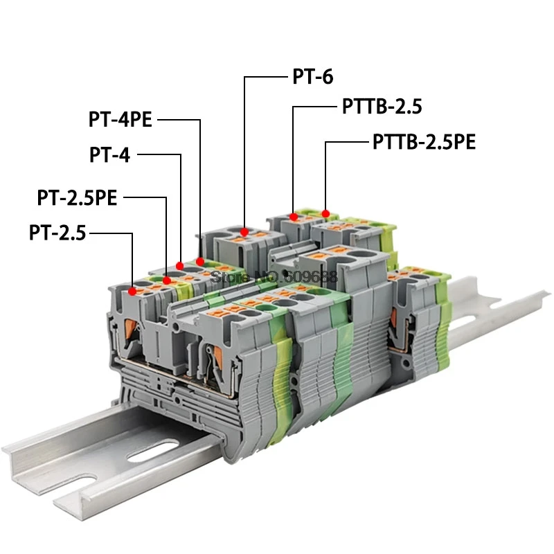 Conectores de PTTB-2.5PE de doble capa, bloques de terminales de tierra de resorte, bloques de distribución sin tornillos