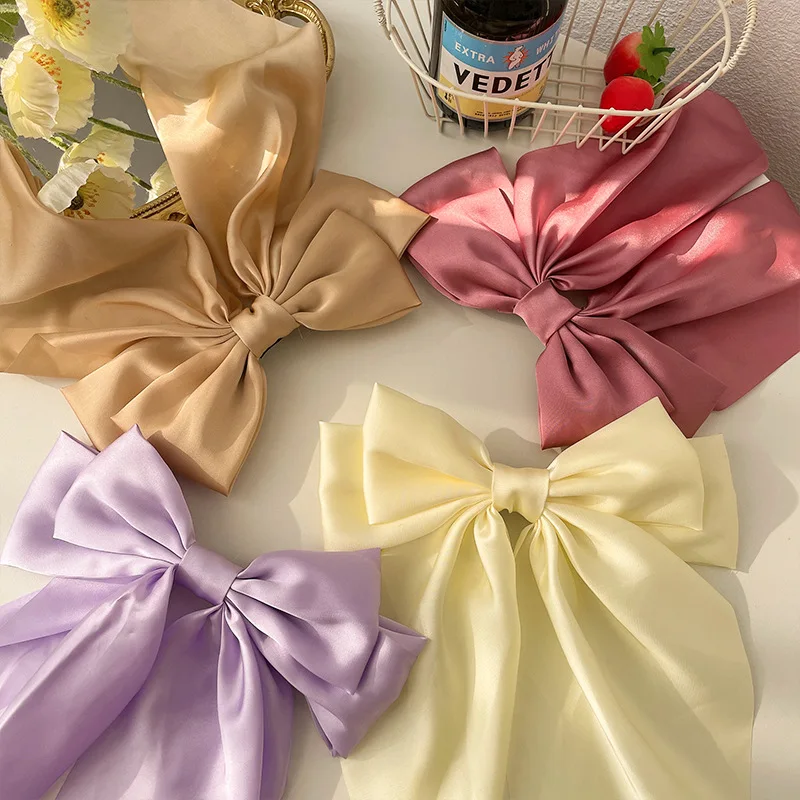 Mode Blau Große Bogen Haarnadel Frauen Satin Chiffon Big Bowknot Bogen Barrettes Einfarbig Pferdeschwanz Clips für Mädchen Zubehör Hot