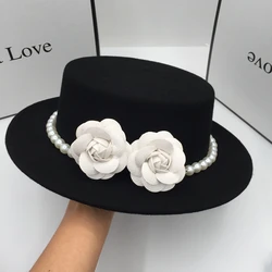 winter new wool black an aristocratic temperament  flat hat with flowers and pearls for women cap