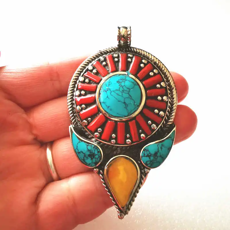 TBP752 Vintage Handmade Pendant Copper Inlay Colorful Stone from Nepal